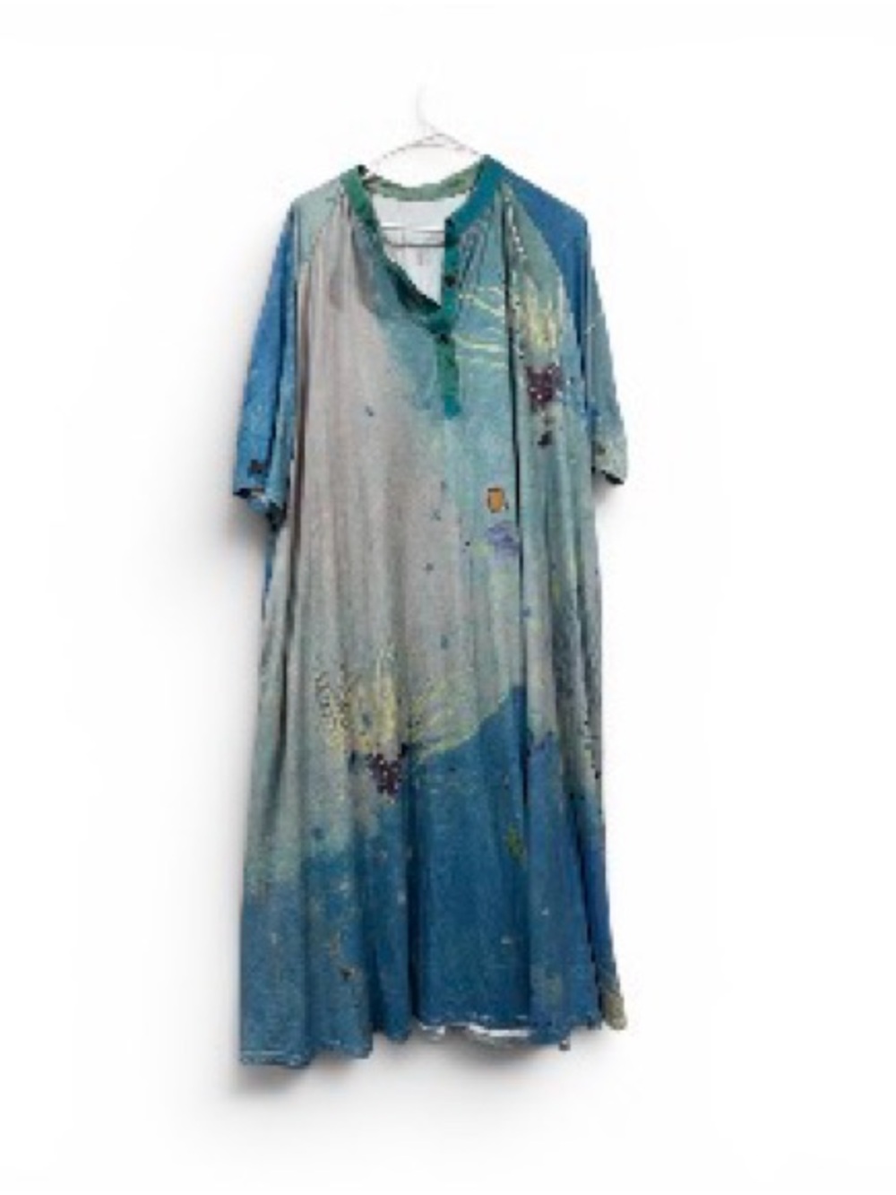 Blue Green 3 Potato Artistic Midi Dress with Buttoned Henley Neck XL/L - Picture 4 of 7